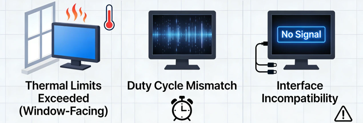 Retail LCD deployment failure modes including thermal limits exceeded on window-facing installations, duty cycle mismatch, and interface incompatibility Retail LCD deployment failure modes including thermal limits exceeded on window-facing installations, duty cycle mismatch, and interface incompatibility